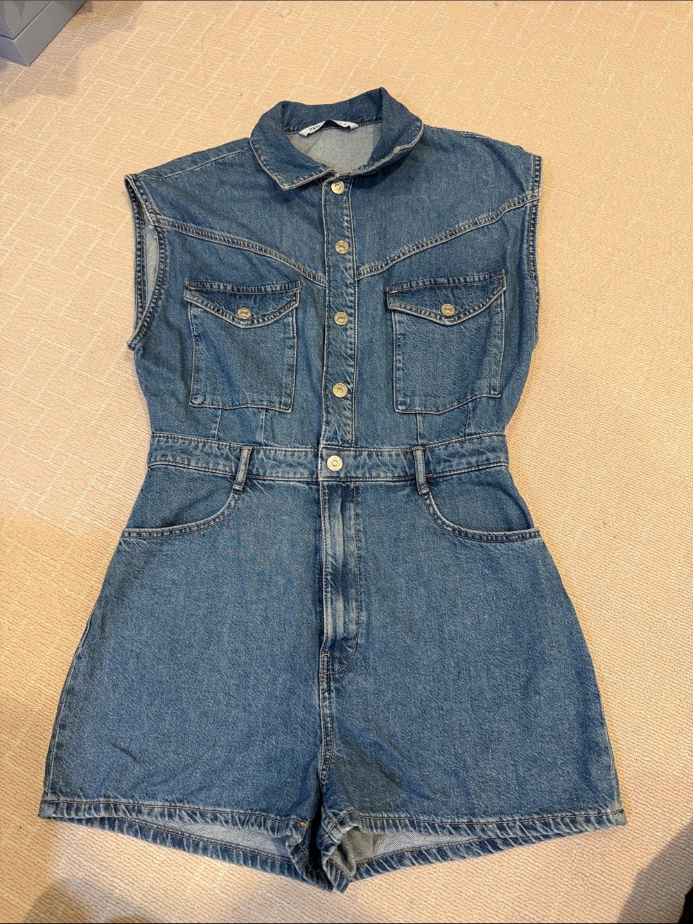 Zara Denim Cap Sleeve Romper - Medium Wash Blue